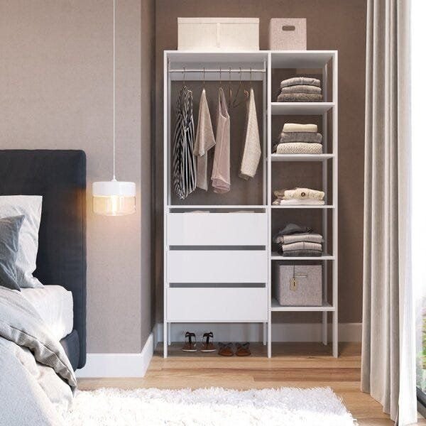 Módulo para Closet 3 Gavetas 5 Prateleiras 1 Cabideiro Branco Dormitório 100cm