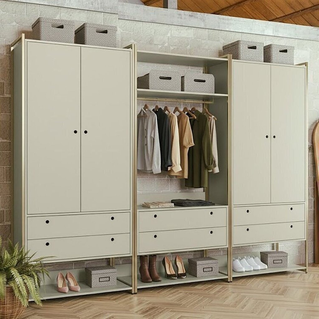 Guarda-Roupa Closet Modulado Casal 6 Gavetas 3 Cabideiros Estrutura Metalica 250cm Olivar Cinza/Off Off White