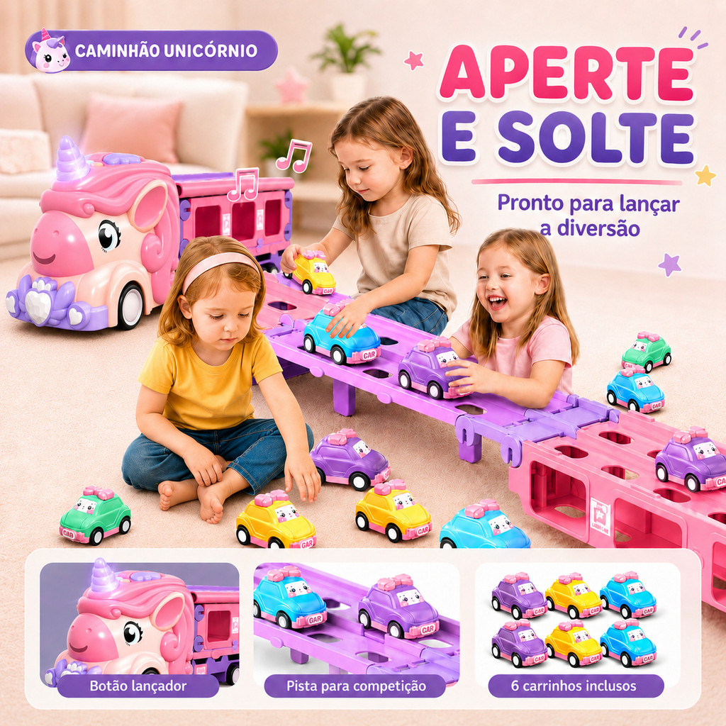 Caminhão Cegonha Unicórnio Com 6 Carrinhos Grande Com Pista Lançador Dobrável Luz E Som Rosa Kizumba · foto 2