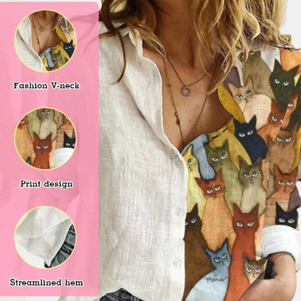 【Conforto Casual】 Camisa Casual de Manga Longa com Estampa Parcial/Blusa Solta/Top de Manga Longa/Moda Casual