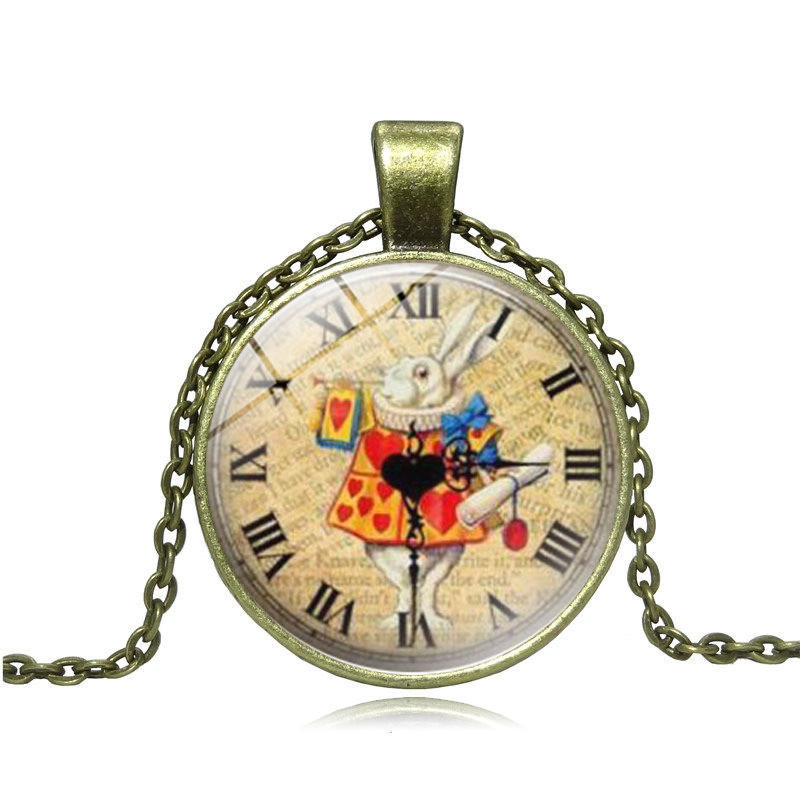 Alice no país das maravilhas coelho tempo Gem colar feminino All-masculino feminino masculino aprendizagem pingente Retr