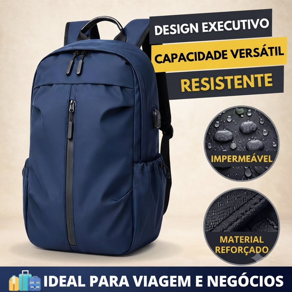 Mochila Executiva Azul Impermeável Resistente para Trabalho, Faculdade e Viagens com Grande Durabilidade