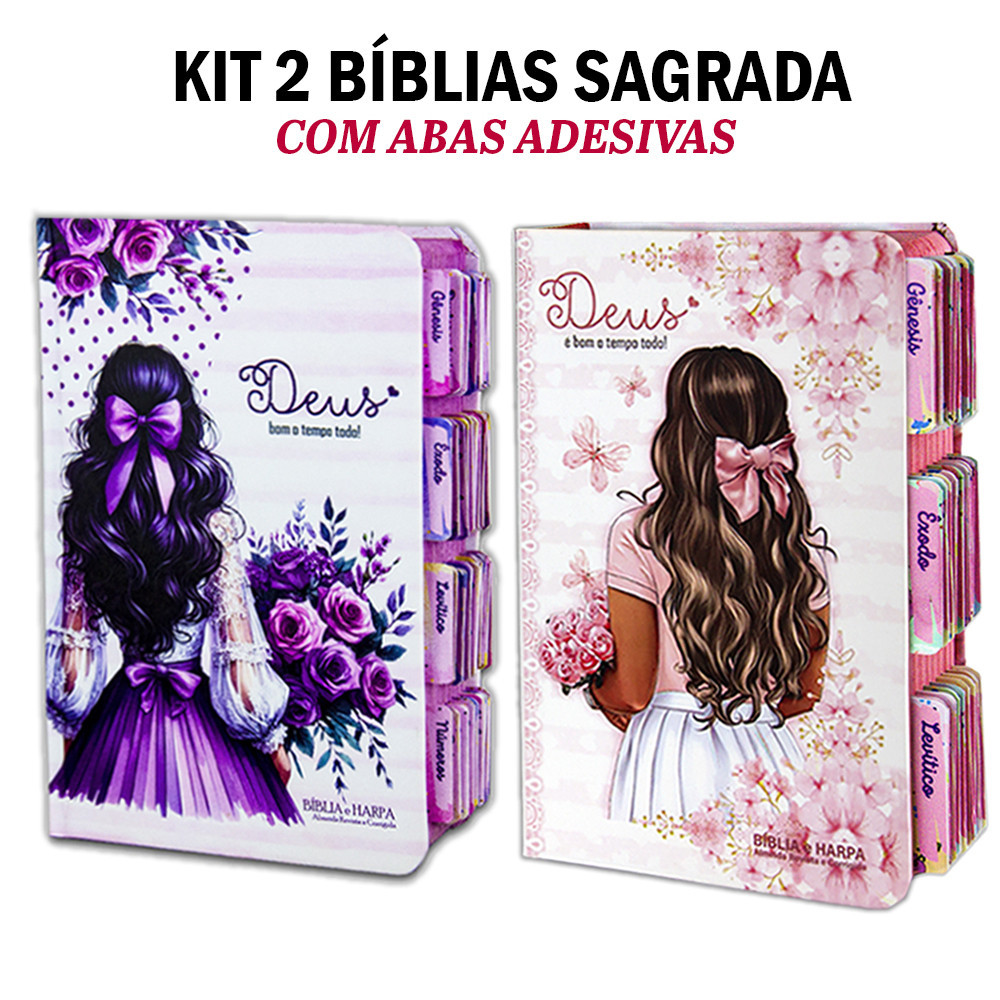 Kit 2 - Bíblia com Abas Feminina - Menina Lilás e Flores Aquarelas | ARC - João Ferreira de Almeida - Com Harpa
