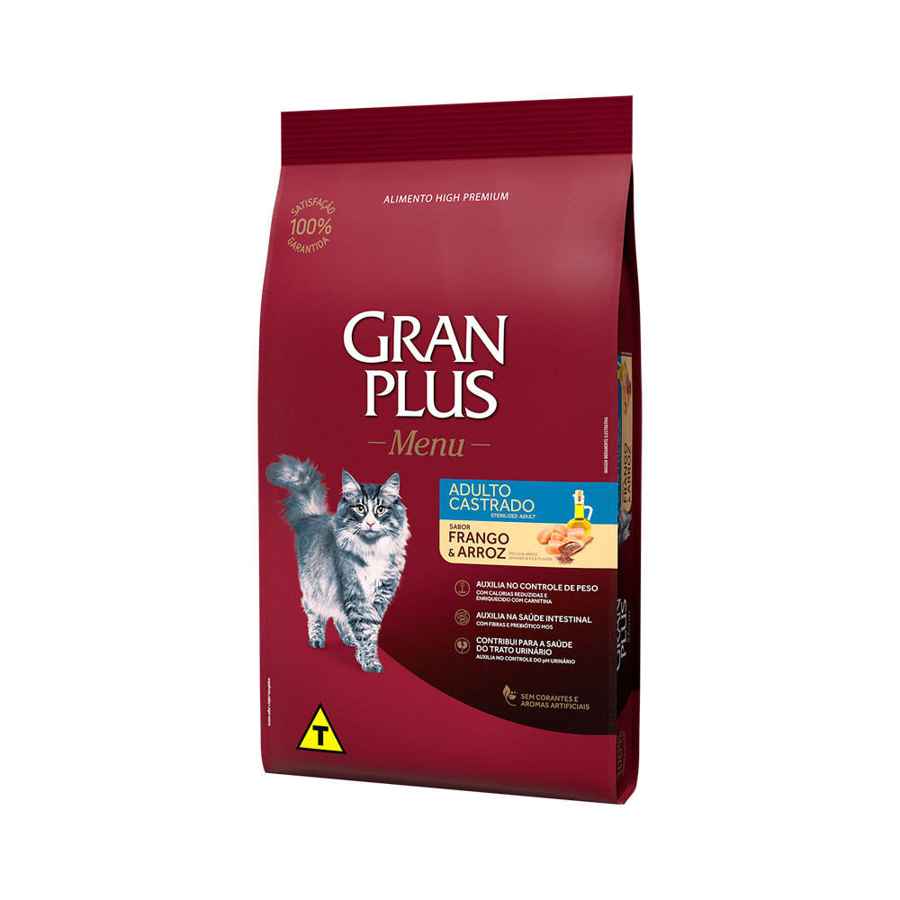 Ração Granplus Menu para Gatos Castrados sabor Frango e Arroz - 3kg