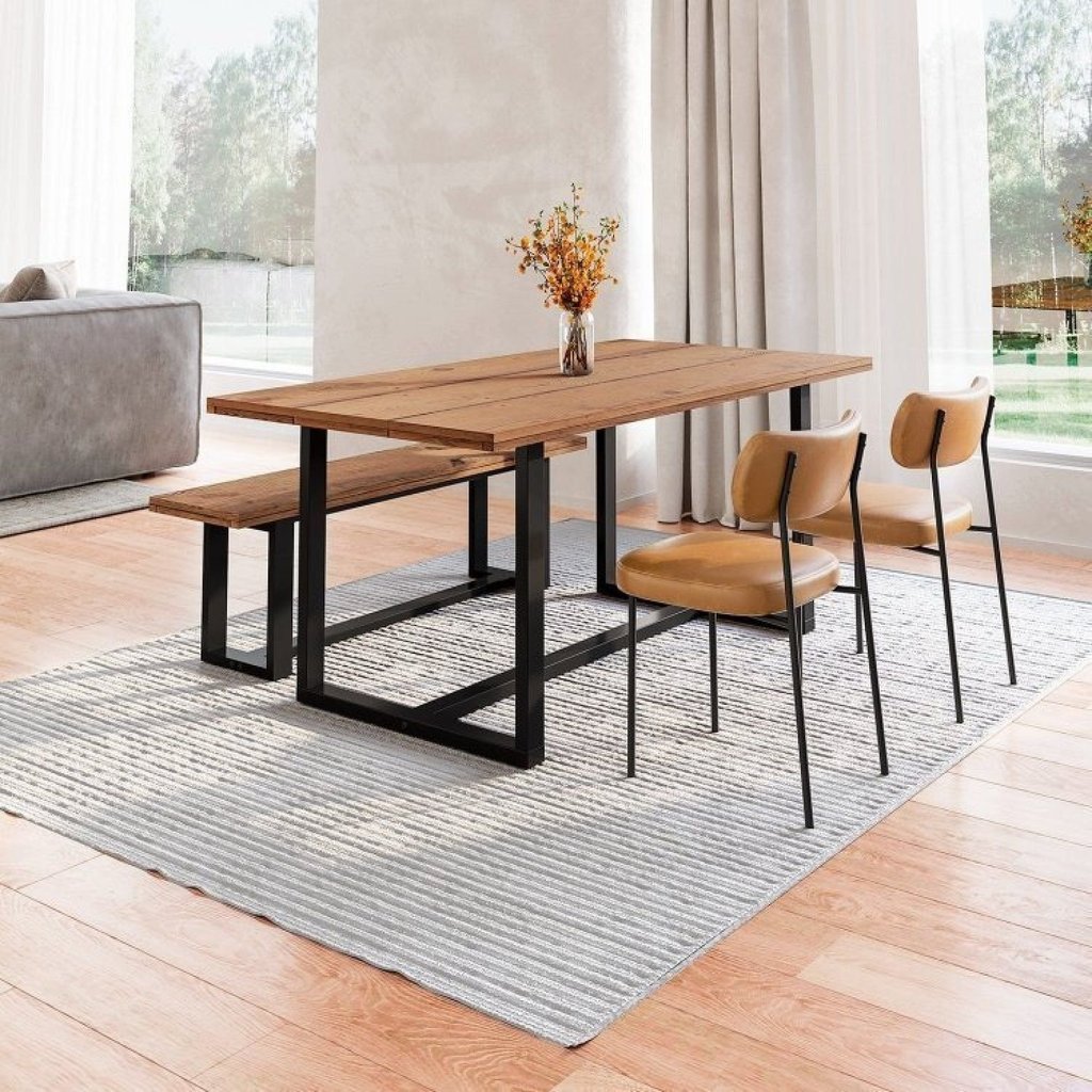 Conjunto Mesa de Jantar Rústica e Banco de Madeira Maciça com Cadeiras Mona Marrom