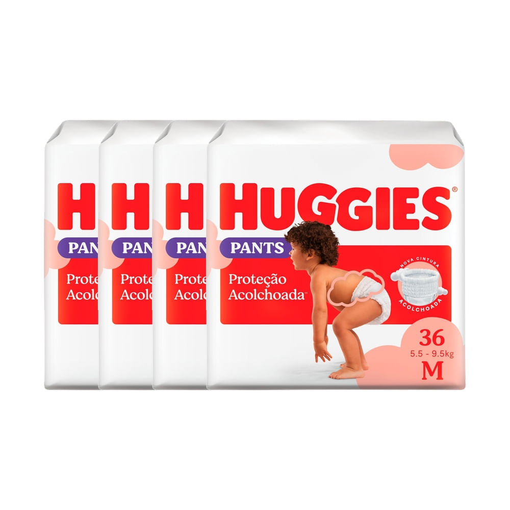 Kit 4 Fralda Huggies Pants Roupinha Proteção Acolchoada Tamanho M Pacote Mega 36 Unidades Descartáveis