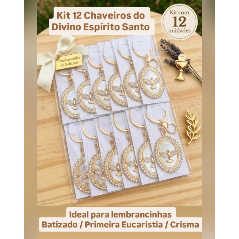 Kit 6/12 Chaveiros Divino Espírito Santo +  Saquinhos Organza | Lembrancinha Batizado, Eucaristia e Crisma