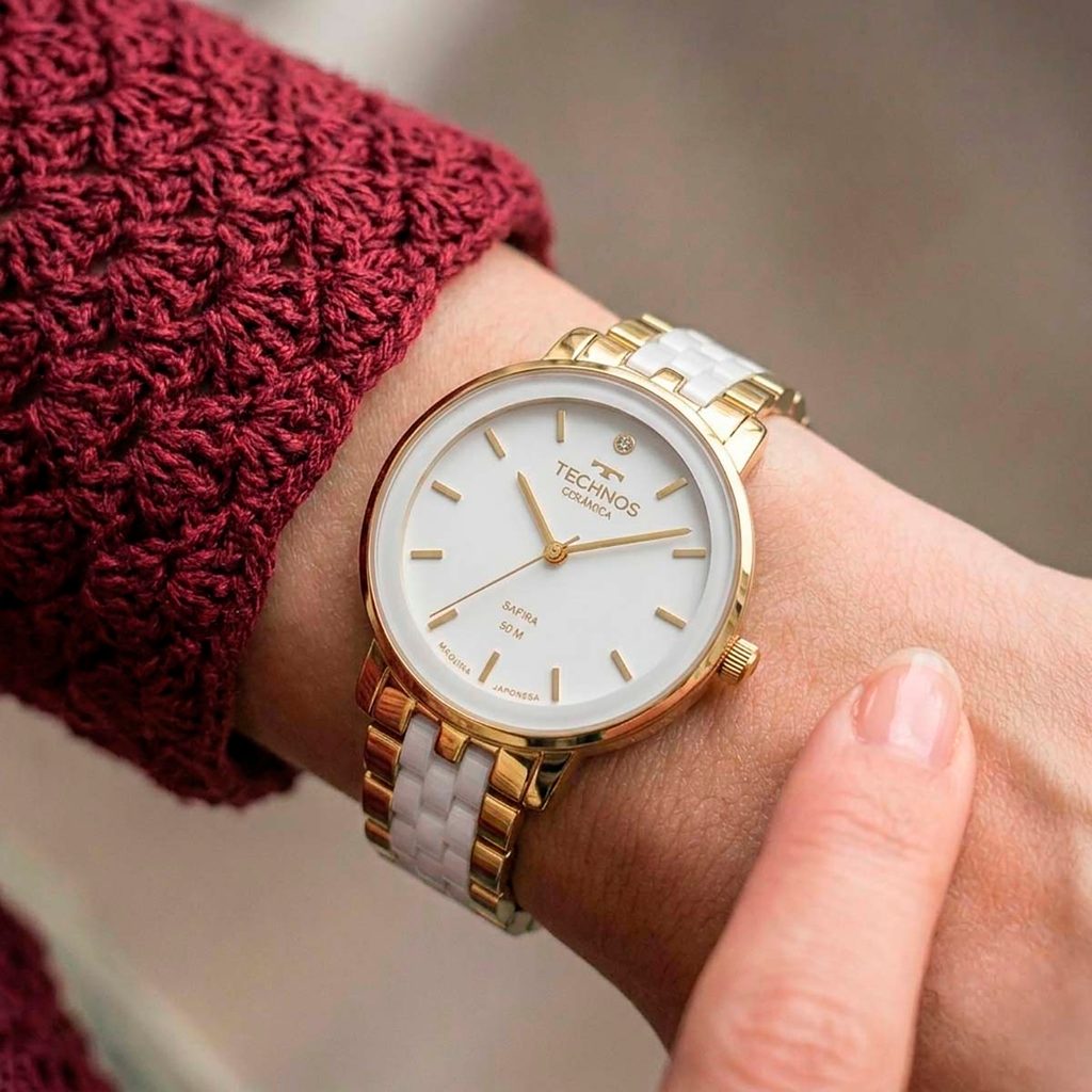 Relógio Technos Feminino Original Cerâmica Safira Branco 2035MZL/1B + Kit Colar e Brincos — imagem 2 de 2