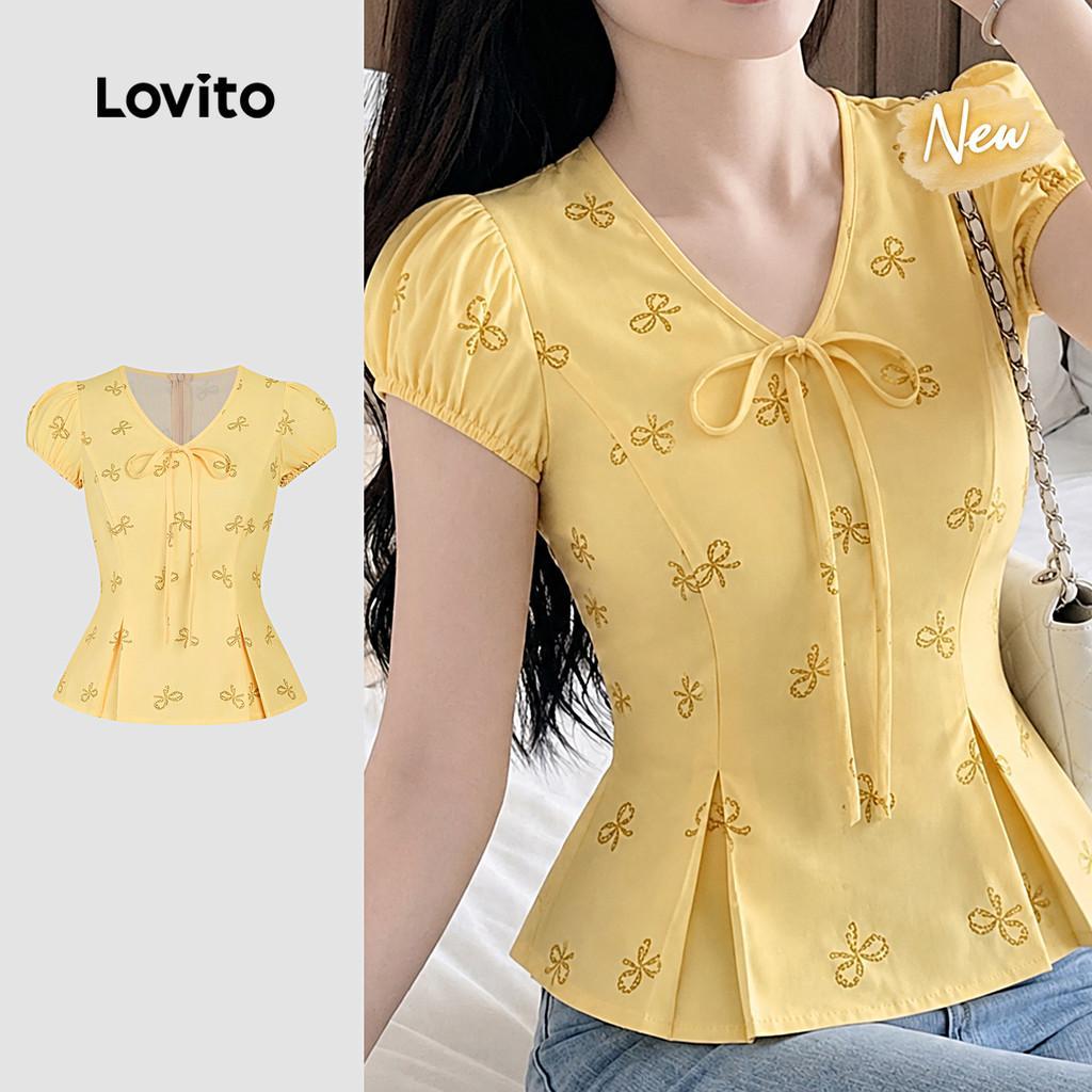 (New Arrival) Lovito Blusa Casual com Padrão Plissada Leve Amarela para Mulheres