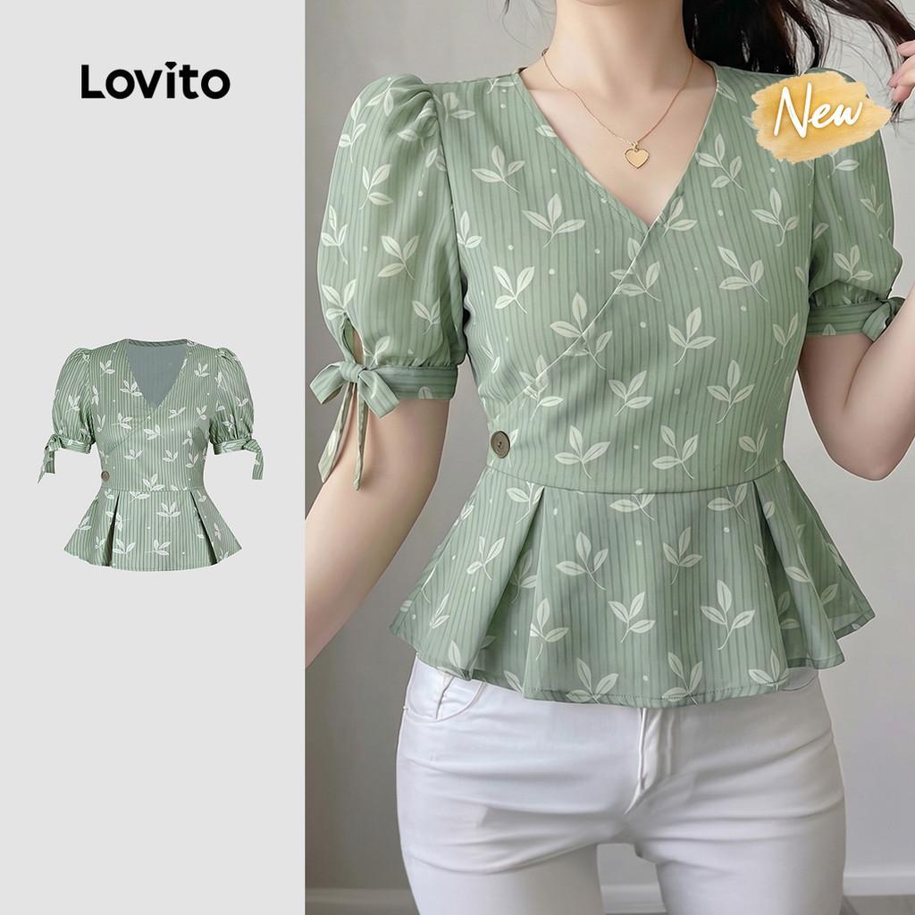 (New Arrival) Lovito Padrão Elegante de Blusa Plissada com Botão Verde para Prim