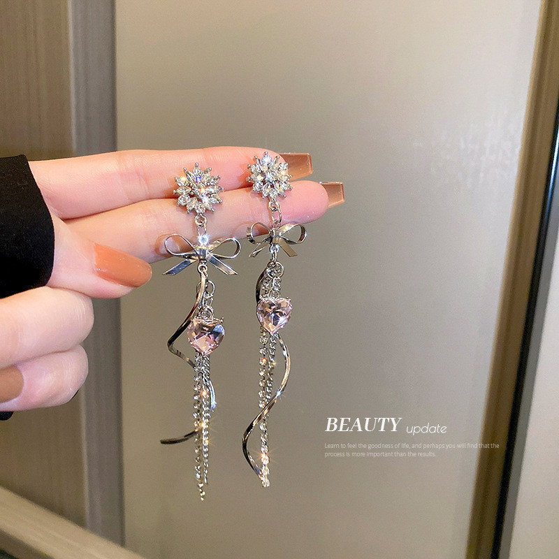 [Estoque pronto] Brincos de arco de flor de diamante com agulha de prata elegantes brincos de borla longa ins brincos si
