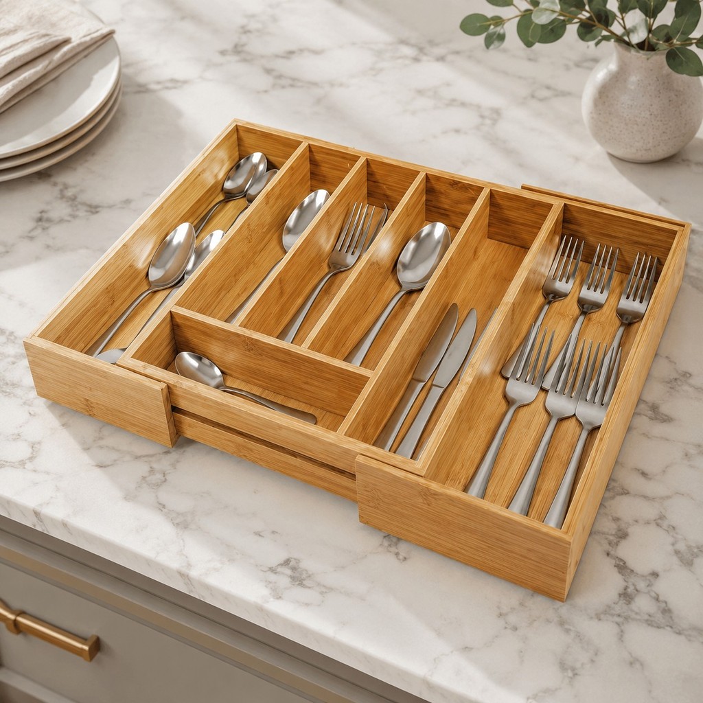 Porta Talheres Extensível Organizador de Gaveta MDF – Divisórias Ajustáveis 5 a 7 Compartimentos para Cozinha