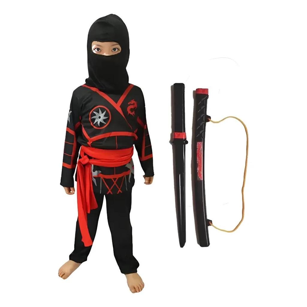 Fantasia Ninja Samurai Sublimada Infantil Halloween + Espada De Plástico