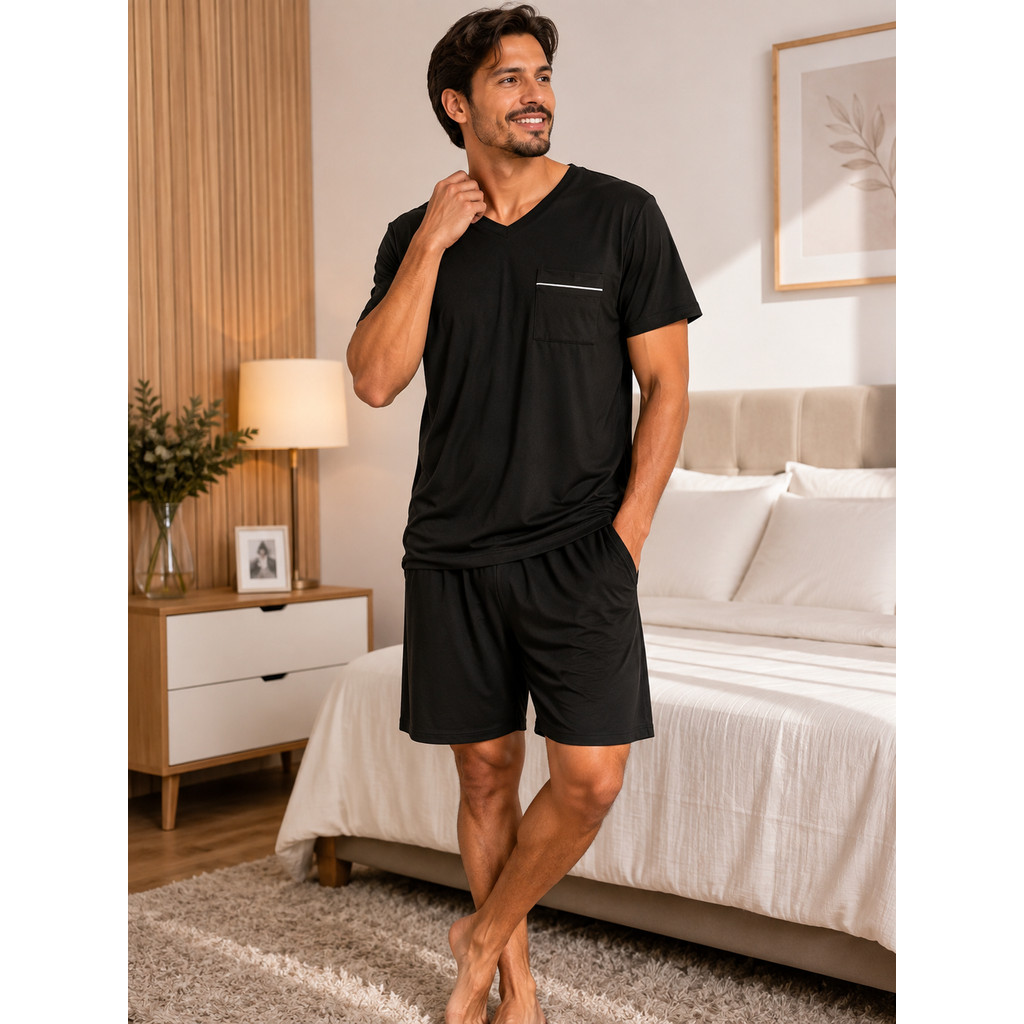 Pijama Masculino Curto Suede Premium Gola V com Bolso | Conjunto Camiseta e Short Confortável