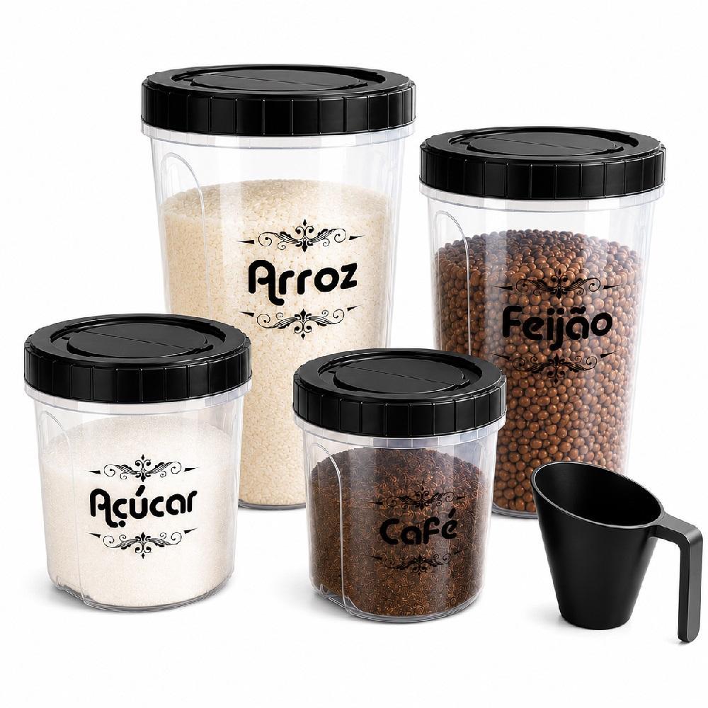 CONJUNTO 5 POTES PORTA MACONJUNTO 5 POTES PORTA MANTIMENTOS COM MEDIDOR TAMPA ROSCA TRANSPARENTE ARROZ FEIJÃO AÇÚCAR