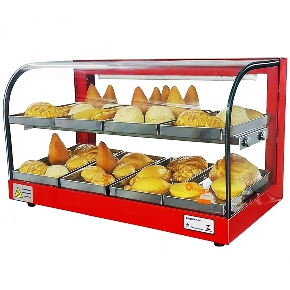 Estufa para salgados Vitrine Semi Curva com 8 bandejas Dupla Vermelha - Omega