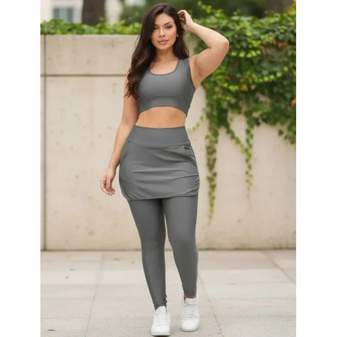 Legging Saia Fitness Evangélica Bolso Feminina Moda Cinza
