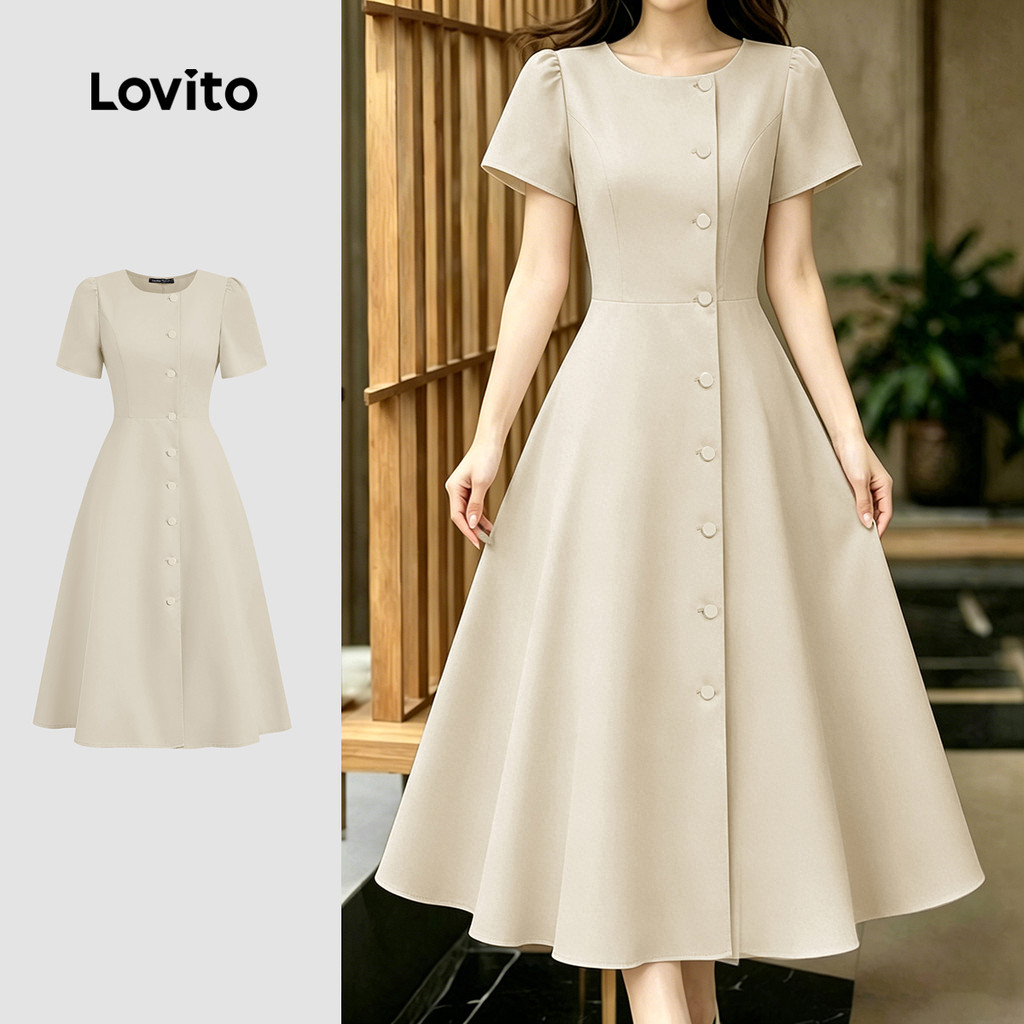 Lovito Vestido Elegante com Botões Simples para Primavera/verão Damasco para mulheres LK7ED1189