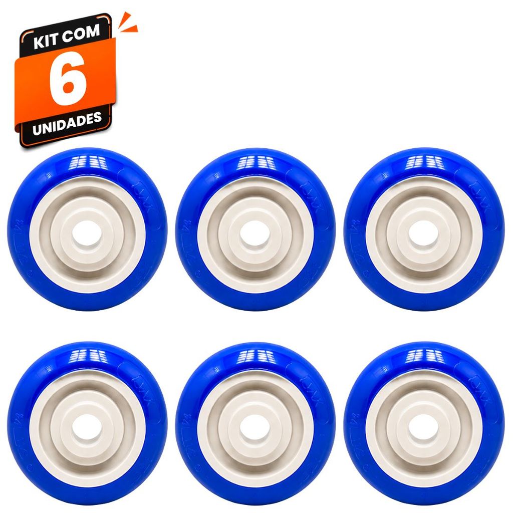 Kit 6 Rodas Rodinhas Carrinho Supermercado Mercado Ajax 3" PVC Azul 80kg Alta Resistência para Carrinhos Comerciais