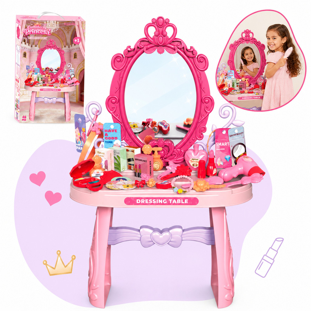 Penteadeira Infantil Princesa Completa Espelho Real Acessórios Brinquedo Menina Faz De Conta Criatividade Kizumba