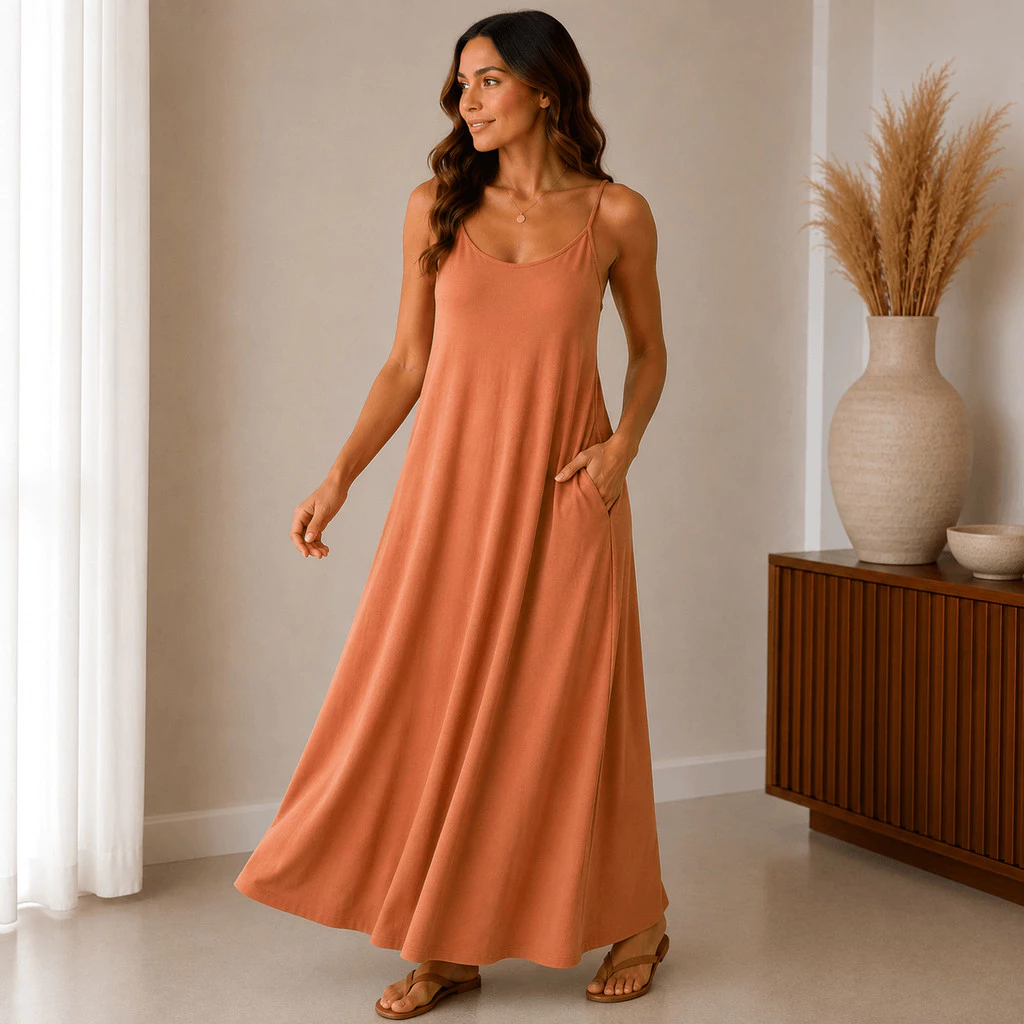 Vestido Longo Alcinha de Viscolycra Feminino Com Bolsos Casual Confortável Soltinho Estiloso — imagem 1