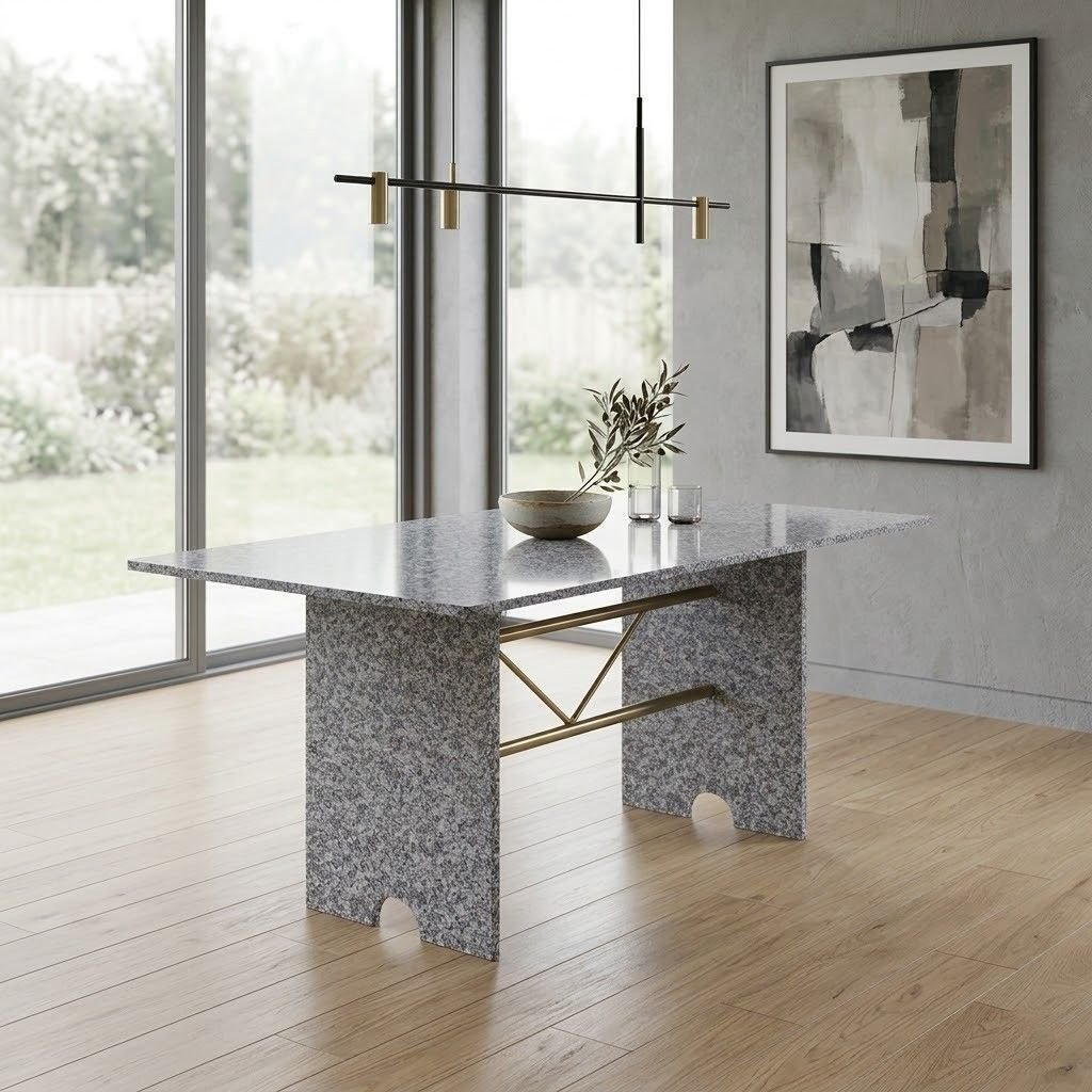 Mesa para Sala de Jantar 4 Lugares Tampo Granito 180x75cm Prata/Martelado/Ocre Martelado Prata/Ocre