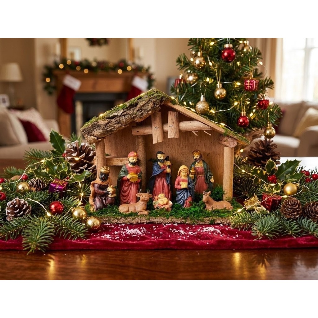 Presépio De Natal Completo Rústico Madeira Com Figura Resina