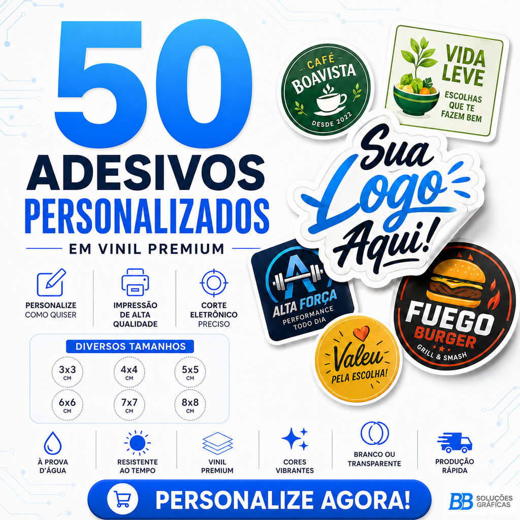 50 Adesivos Personalizados em Vinil 3x3 4x4 5x5 6x6 7x7 8x8 Etc - Etiqueta Adesiva em Vinil Adesivo
