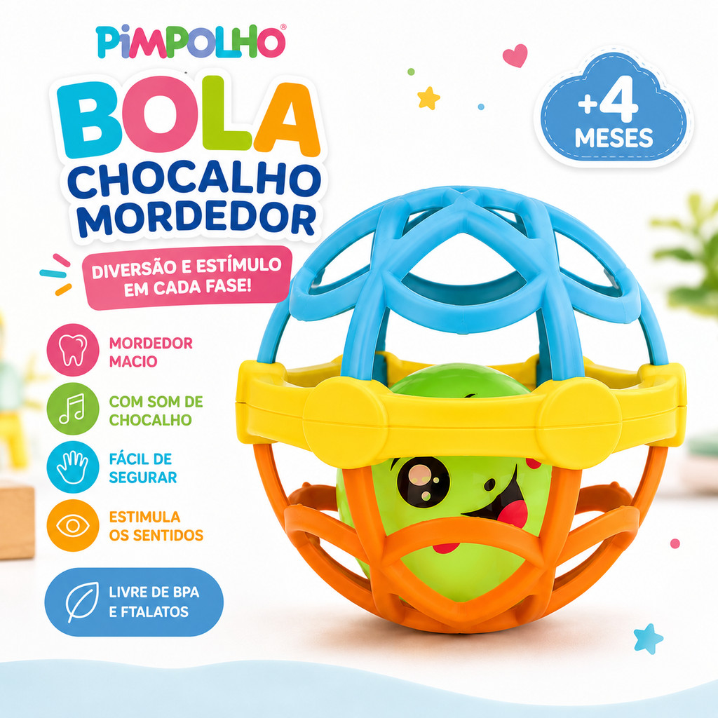 Bola Chocalho Mordedor para Bebê Pimpolho +4 Meses Brinquedo Sensorial Macio Colorido