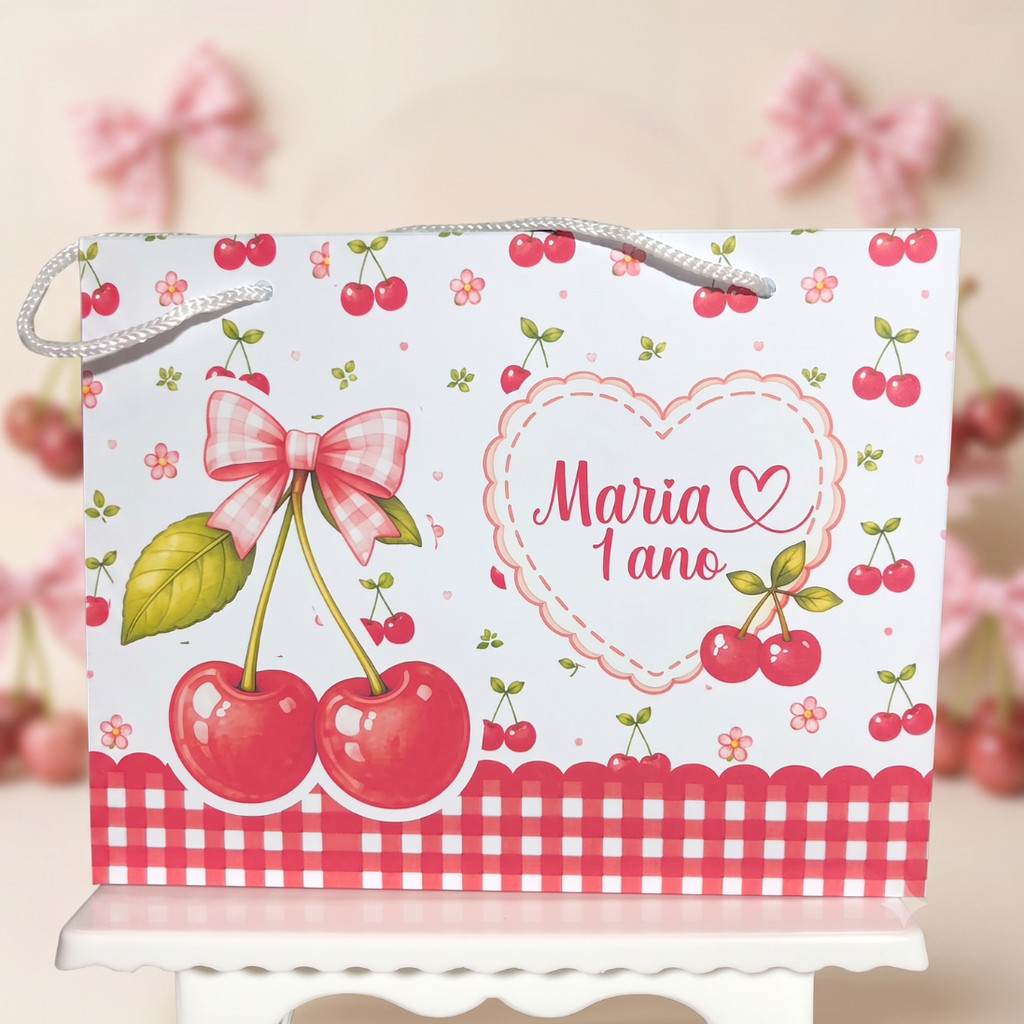 Sacolinhas Personalizada Cerejinha Vermelha  Personalizado Com Nome e Idade Festa Infantil Lembrancinha