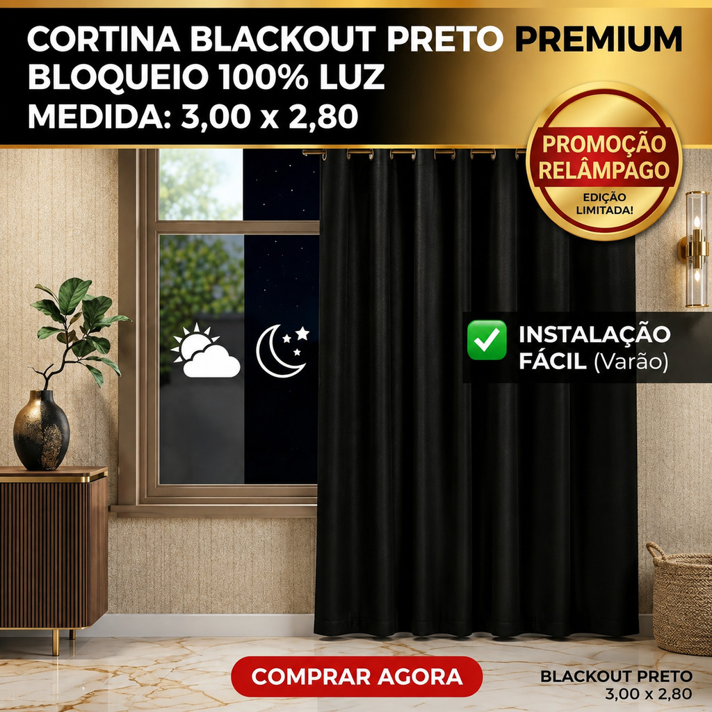 Cortina Blackout 3,00x2,80 Preta em Tecido Grosso Corta Luz Sala Quarto Premium Vai Ate O Chao