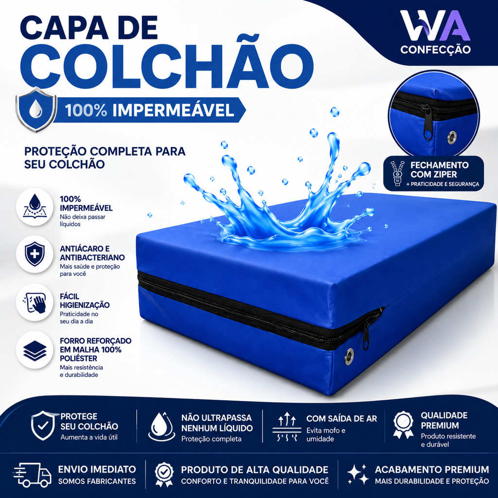 Capa de Colchão Impermeável Solteiro  com Zíper Protetor Hospitalar Anti Xixi Antialérgica Antiácaro