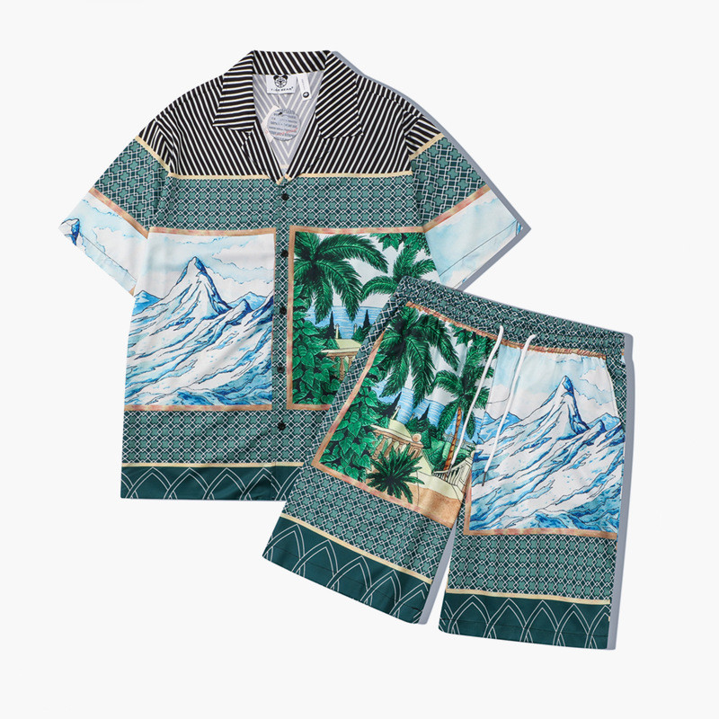 [Novo produto] Marca masculina Street Mountain Stripes Impressão Digital Camisa solta de poliéster de manga curta Conjun