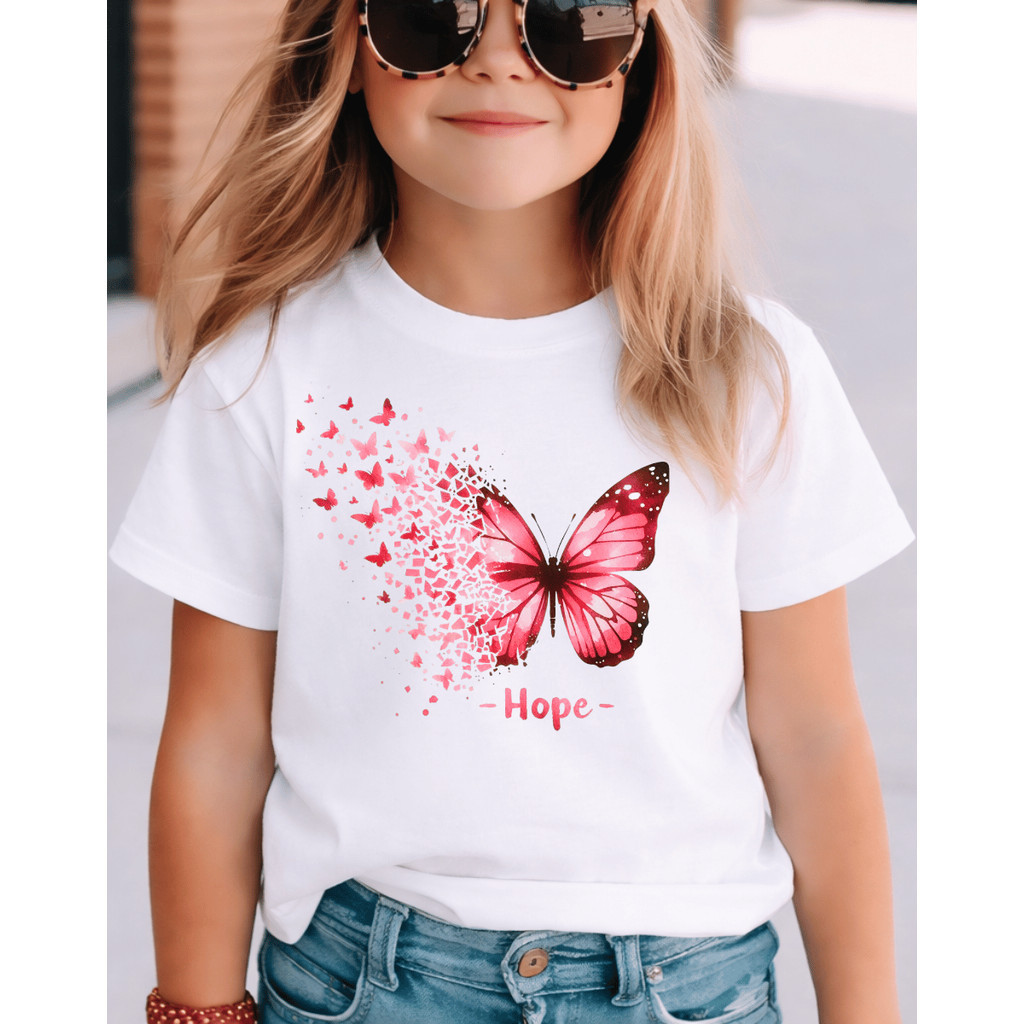 Camiseta Infantil Unissex Algodão Confortável Estampada Moda Verão Borboletas Rosas Delicada