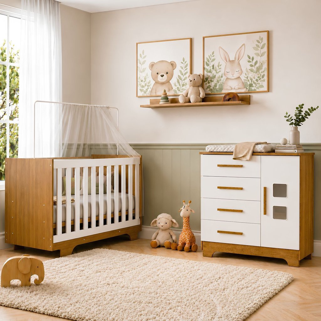 Quarto de Bebê com Berço Mini Cama 100% MDF com Colchão Life e Cômoda 4 Gavetas 1 Porta Fly 100% MDF