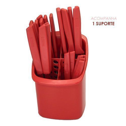 Conjunto Talheres 25 Peças Vermelho Plástico Inox Faqueiro Mesa Posta