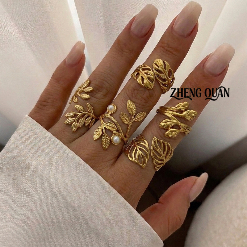 1 Peça Anel de Aço Inoxidável para Mulheres, Dourado, com Design de Folha Tropical Botânica de Samambaia, Vazado, Ajustá