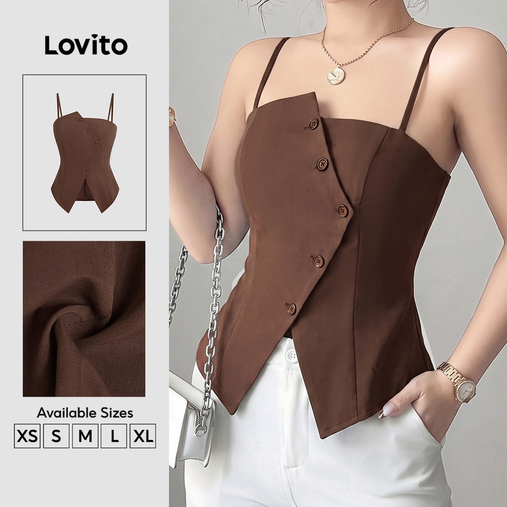 (New Arrival) Lovito Blusa Feminino Casual Sem Mangas Com Ombros À Mostra E Botões Para O Dia a Dia Clássica E Versátil Para Primavera/verão Fins De Semana E Trabalho Cor Marrom Estilo Retrô Dos Anos 