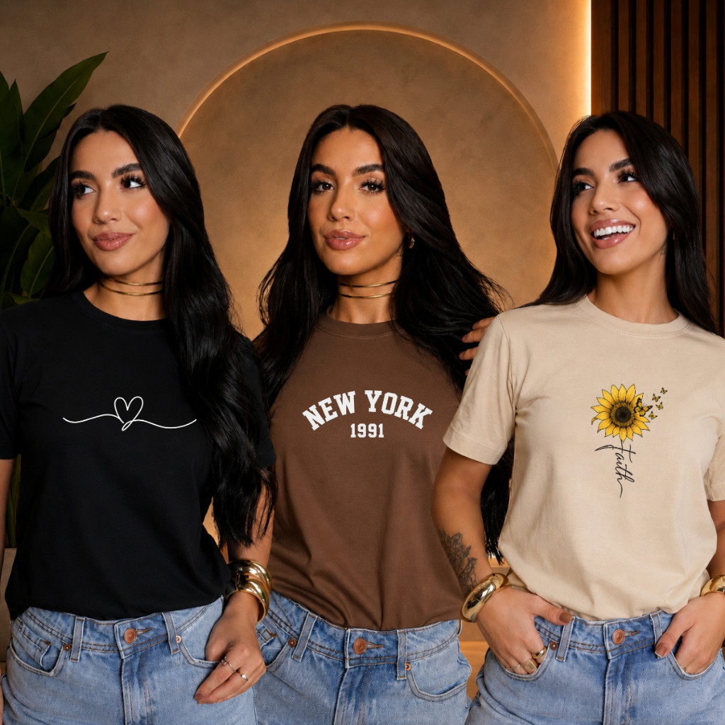 Kit 3 T-Shirt Feminina Estampada Camiseta Estilosa New York Blusa 100% Algodão