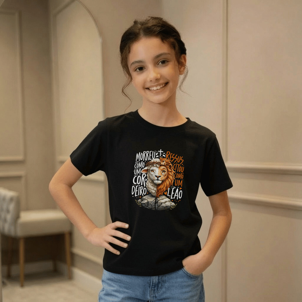 Camiseta Infantil Estampada Metade Leão Ovelha 100% Básica Manga Curta Unissex Masculina e Feminino Básica