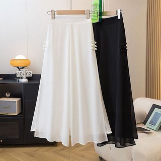 Novo Estilo Chinês Dose Solta Chiffon Divisão Calças De Perna Larga Verão Roupas Femininas Gordura mm Cobrir Carne Emagr