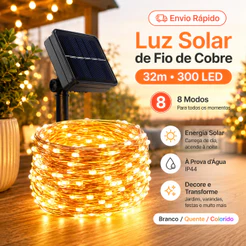Luzes Solar de Cobre 32M 300LED IP44 8 Modos Quente/Branca/Colorida/Azul para Jardim Varanda Interior Exterior