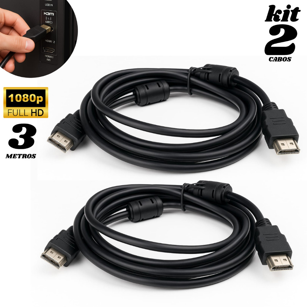 Kit Com 2 Cabo HDMI 3 Metros Full HD 1.4 Preto Transmissão Imagem Vídeo Game Televisão Computador Projetor