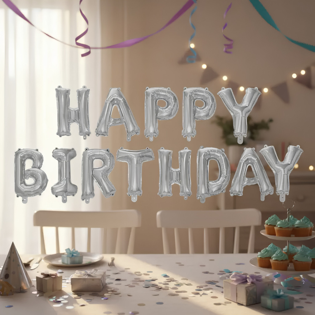 Kit Decoração Aniversário 53 Peças Balões Prata Feliz Aniversário Coração Estrela Festa