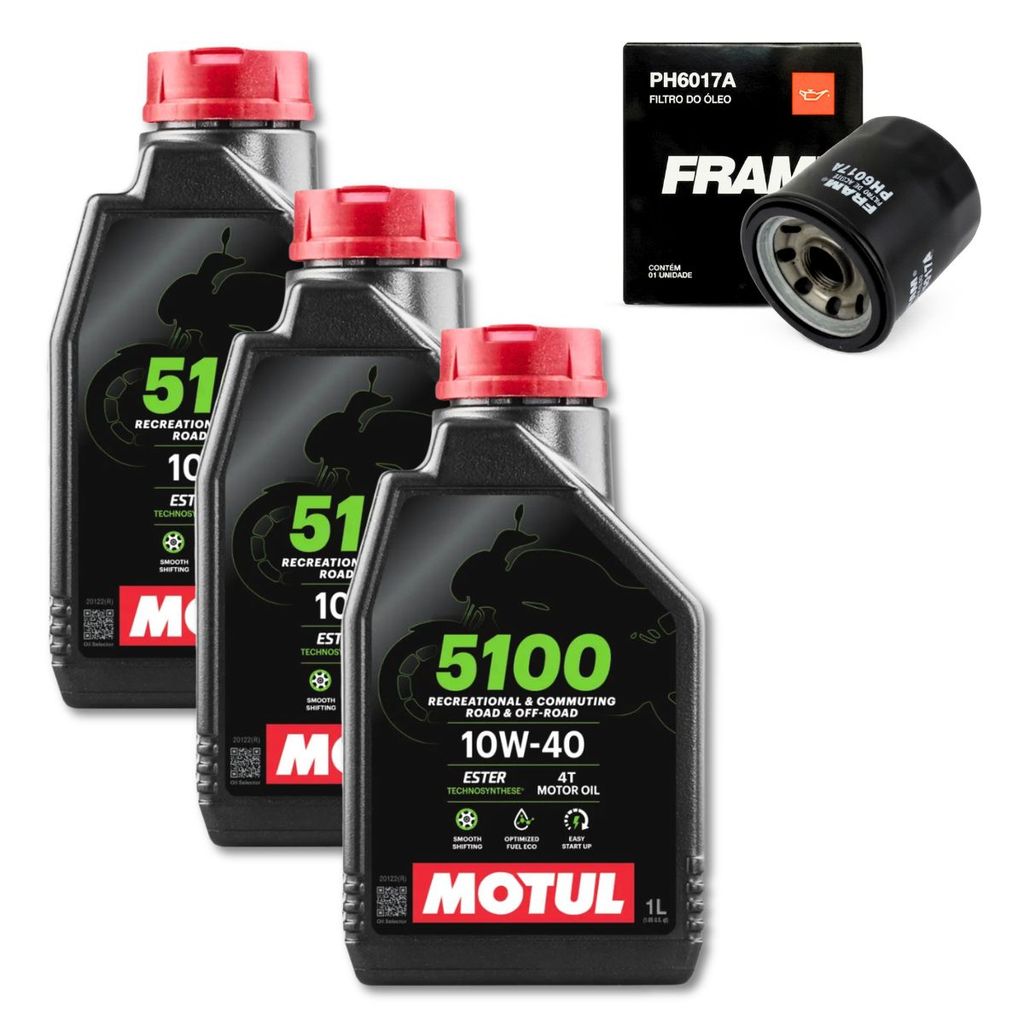 KIT TROCA DE ÓLEO 3X MOTUL 5100 10W-40 4T 1L + FILTRO FRAM Z400 Ninja 300 400 Versys 300