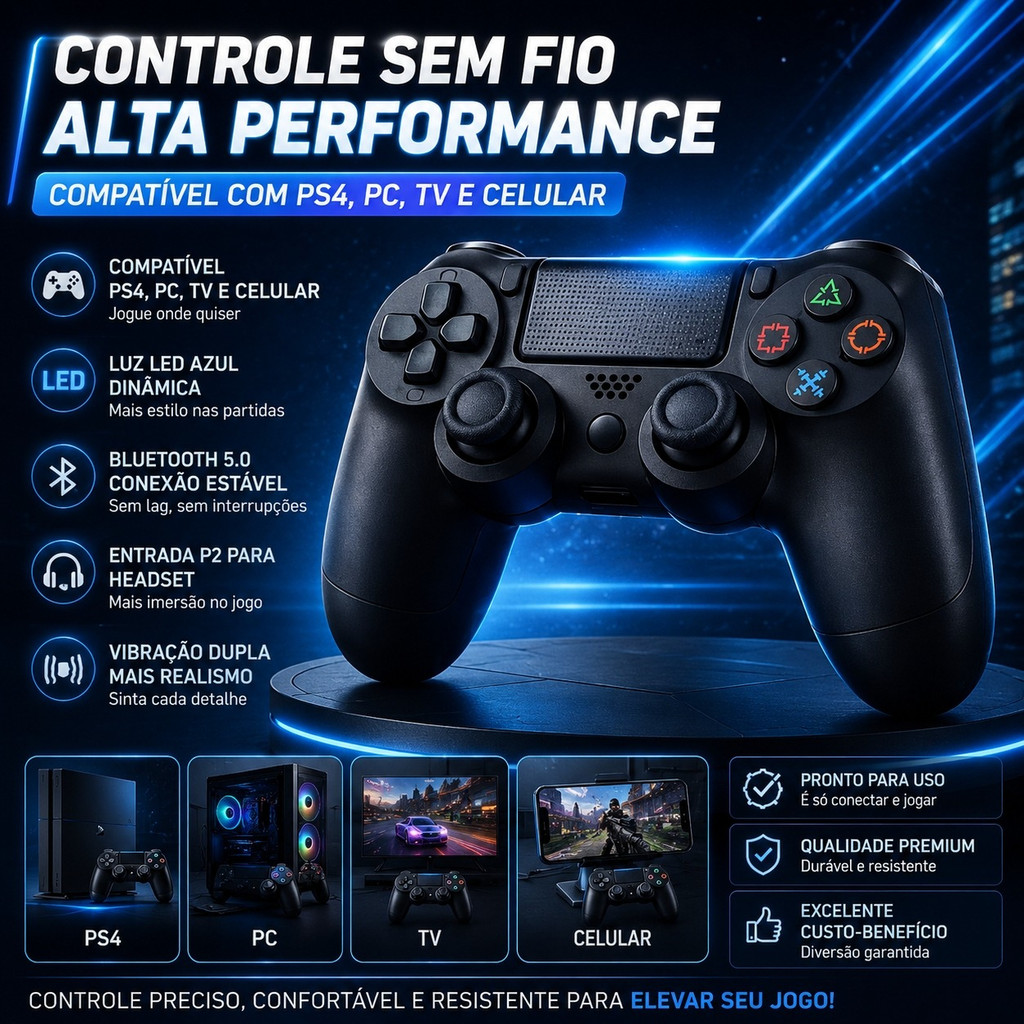 Controle Compatível PS4 Sem Fio Bluetooth Joystick Dual Shock Vibração Recarregável + Cabo USB Manete Jogos Video Game