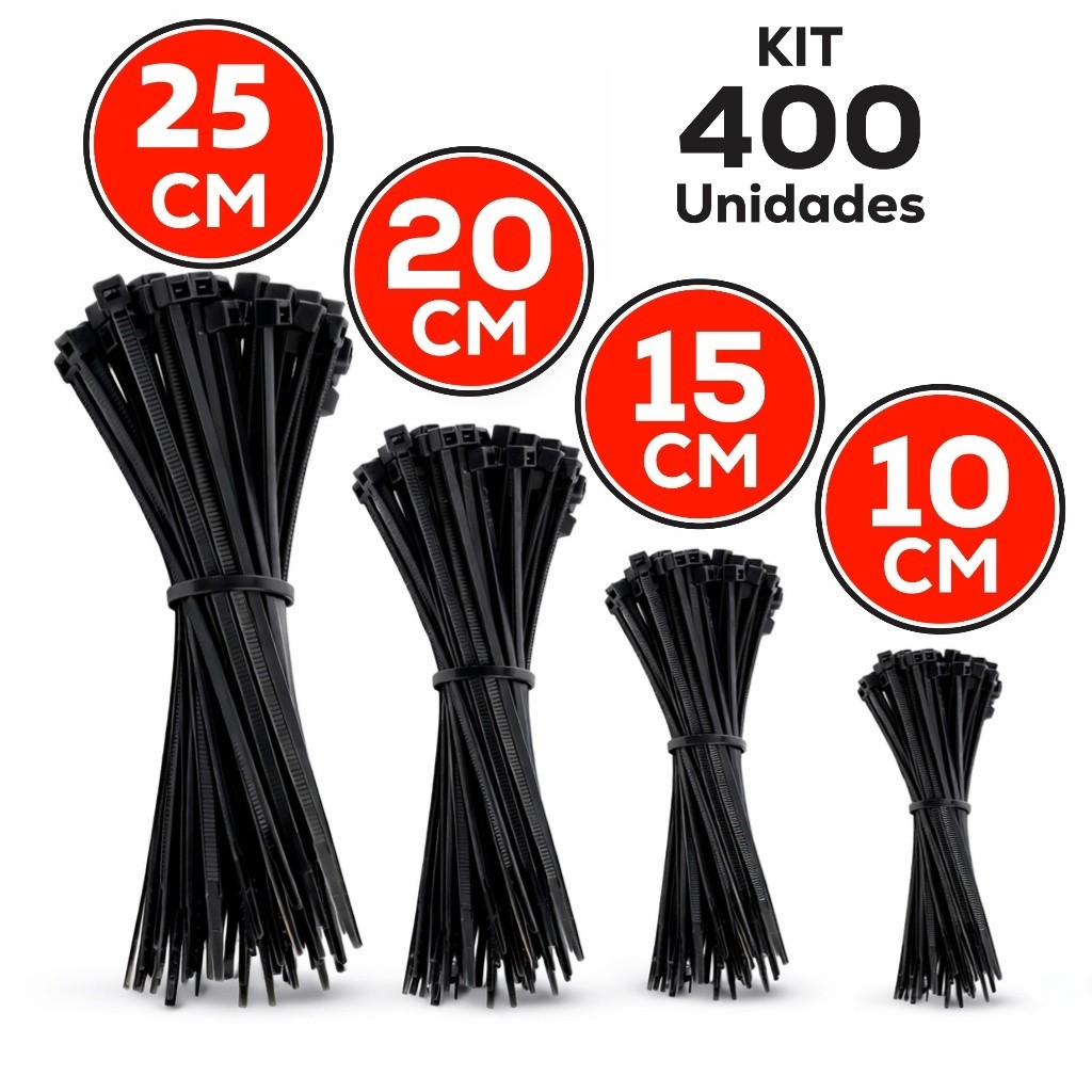 Kit 400 Abraçadeira de Nylon Enforca Gato Braçadeira Cintas Plásticas 10cm - 15cm - 20cm - 30cm - Preta | Branca