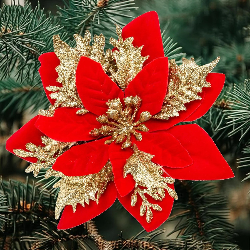 Kit 12 ou 24 Flores de Natal Vermelha e Dourada com Glitter 14cm - Luxo para Árvore