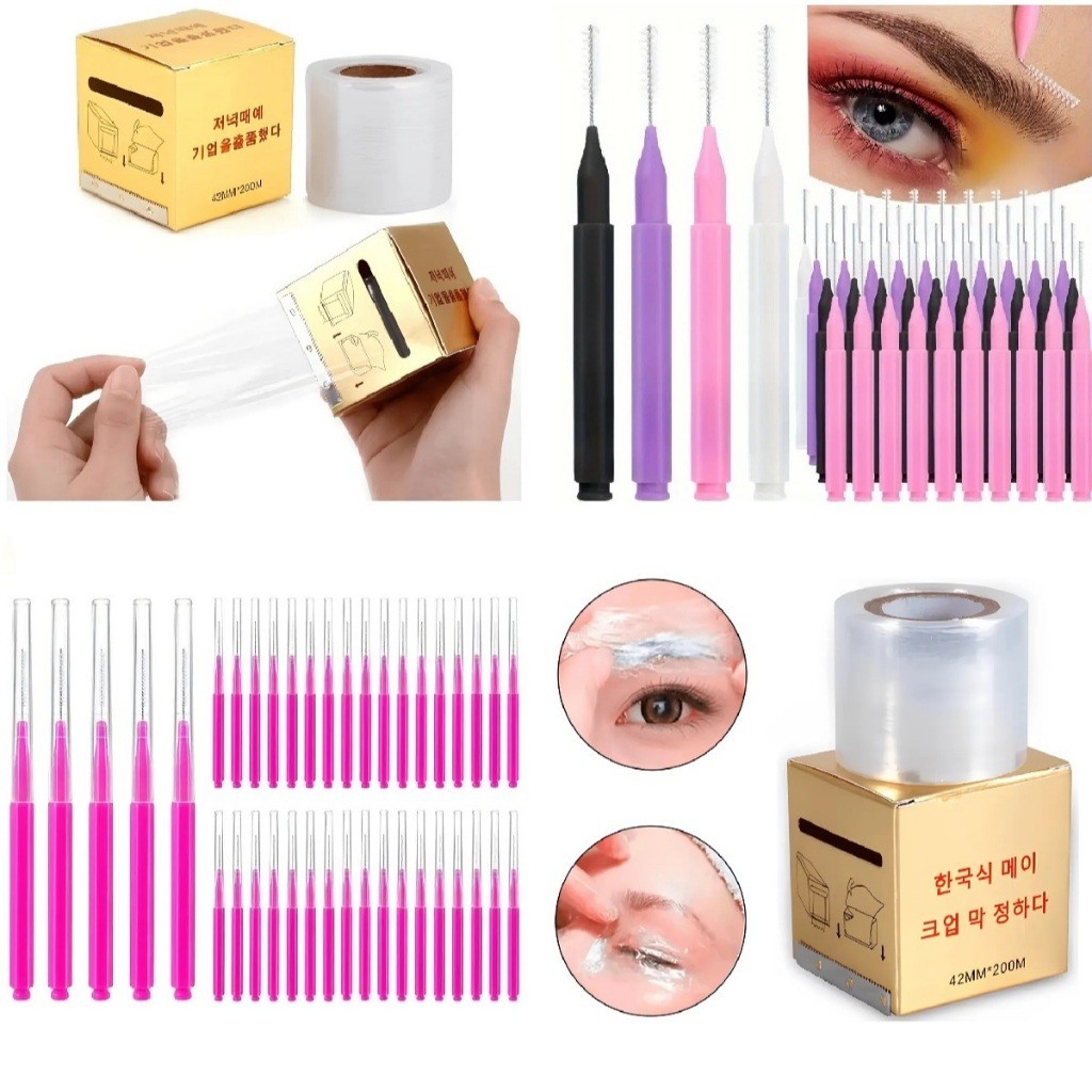 Kit Escovinhas Brow Lamination 30/60/90 ou 120 Un + Plástico Filme 200m Caixinha Com Lâmina de Corte