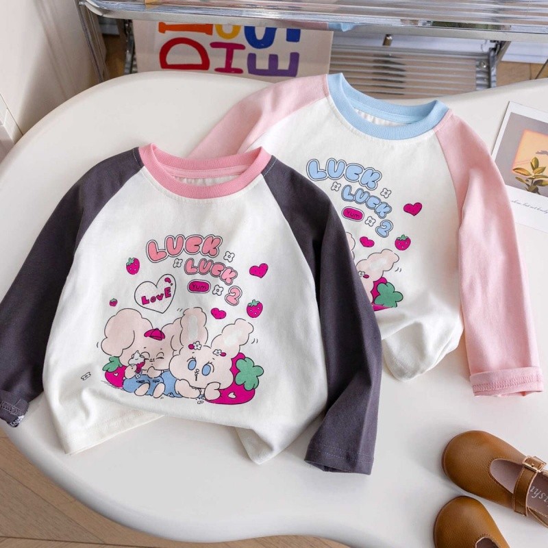 100% algodão meninas camiseta de manga comprida crianças camisa de fundo primavera costura dos desenhos animados do bebê
